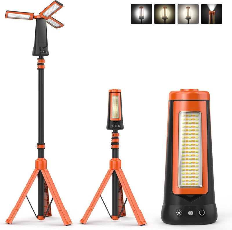 Dimgogo Rechargeable Camping Light with Stand 7ft Max Height, 15000mAh Portable Cordless LED Work Light, 5500 Lumen 6500/4500/3500K Dimmable Emergency Flashlight with Detachable Tripod, Orange - Image 1